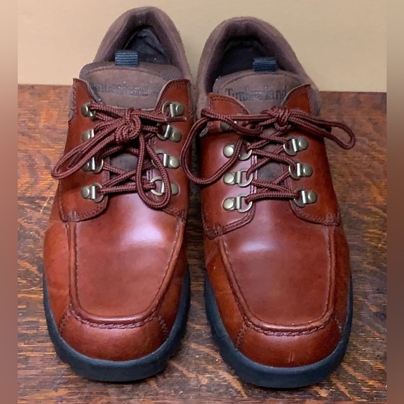 Men’s 9 Timberland Low/Mid Brown Leather Lug Sole Outdoorsman Woods Loafer Shoes - Picture 4 of 16